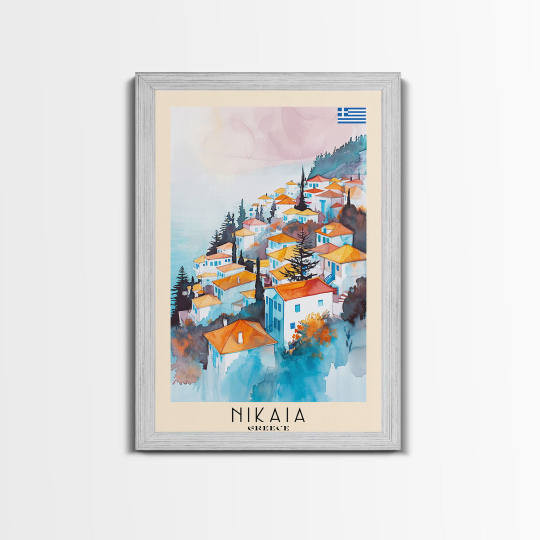 Nikaia Greece Framed Canvas Print, Boho Travel Poster, Watercolor Painting, Wall Art, Home Decor, Greek Scenery, Mediterranean Style