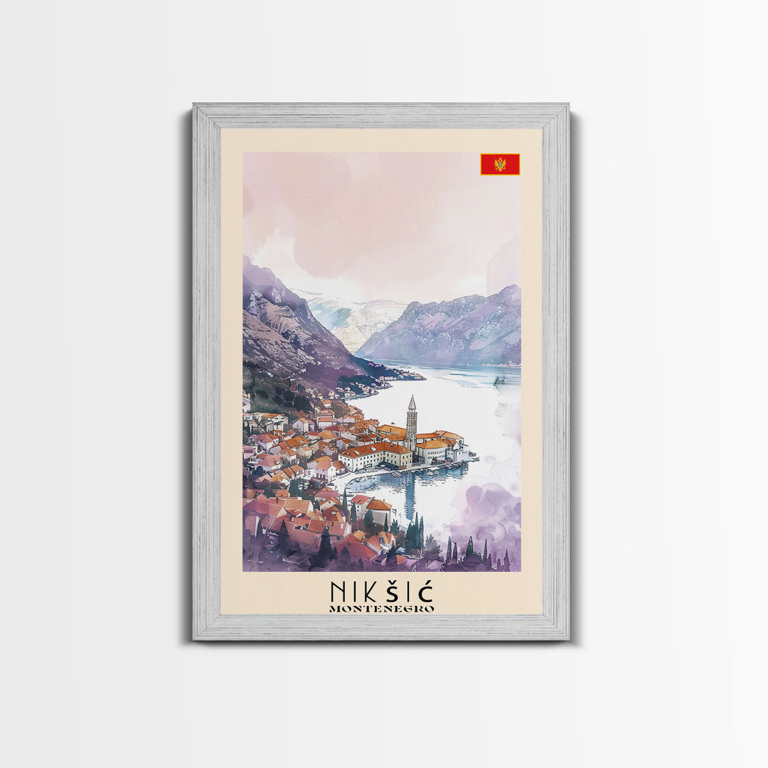 Niksic Montenegro Framed Canvas Print, Scenic Travel Poster, Watercolor Painting, Wall Art, Home Decor, Montenegro Landscape, Rustic Decor