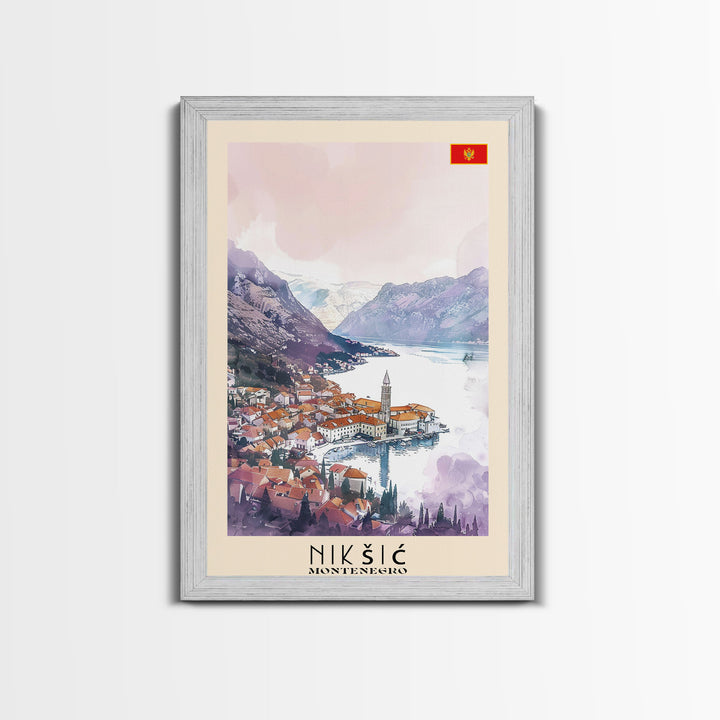 Niksic Montenegro Framed Canvas Print, Scenic Travel Poster, Watercolor Painting, Wall Art, Home Decor, Montenegro Landscape, Rustic Decor