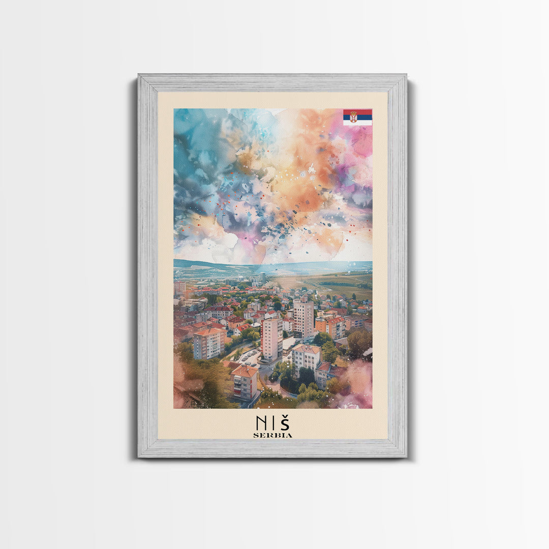 Nis Serbia Framed Canvas Print, Historic Travel Poster, Watercolor Painting, Wall Art, Home Decor, Serbian Culture, Vintage Art