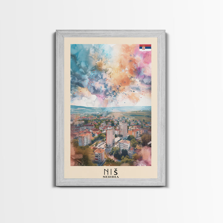 Nis Serbia Framed Canvas Print, Historic Travel Poster, Watercolor Painting, Wall Art, Home Decor, Serbian Culture, Vintage Art