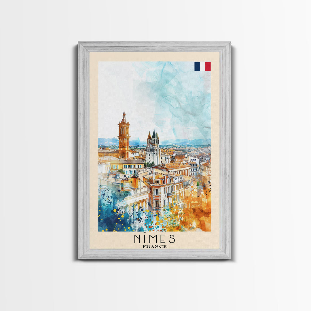 Nîmes France Framed Canvas Print, Historic Travel Poster, Watercolor Painting, Wall Art, Home Decor, French Architecture, Vintage Style