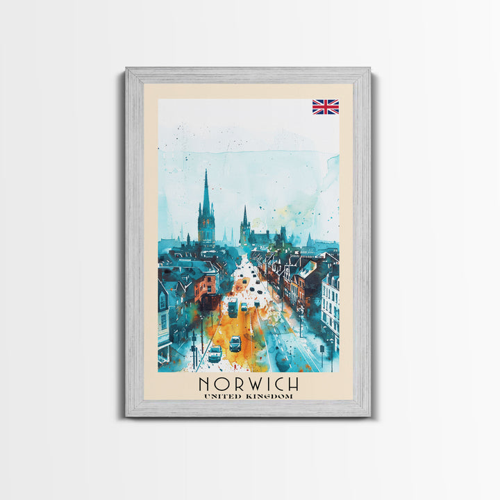 Norwich United Kingdom Travel Poster Framed Canvas Print, Watercolor Painting, Historic Wall Art, Home Decor, British Architecture, Artistic Decor