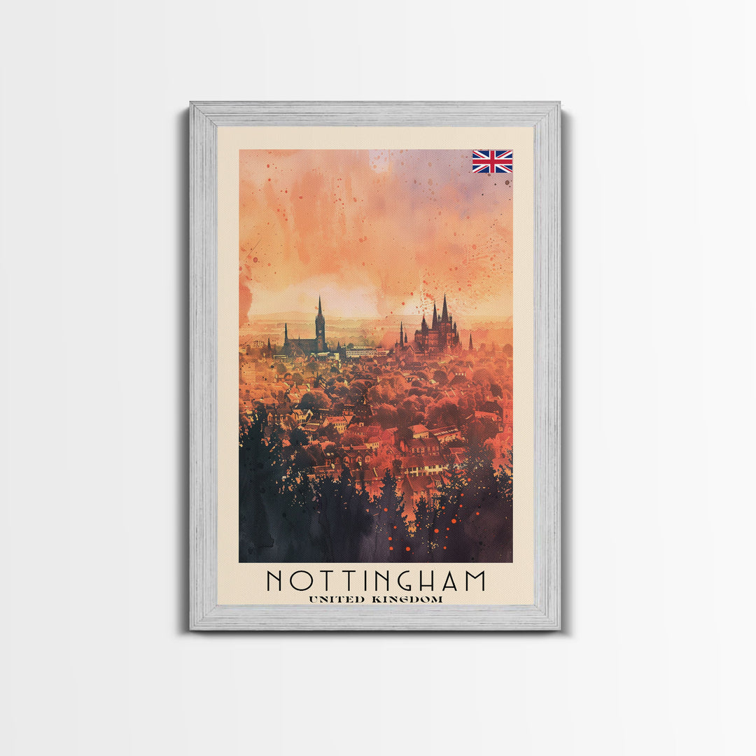 Nottingham United Kingdom Travel Poster Framed Canvas Print, Watercolor Painting, Scenic Wall Art, Home Decor, British Cityscape, Modern Art