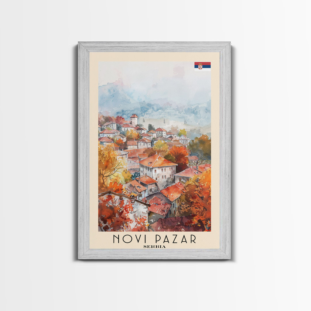 Novi Pazar Serbia Travel Poster Framed Canvas Print, Watercolor Painting, Scenic Wall Art, Home Decor, Serbian Landscape, Cultural Art