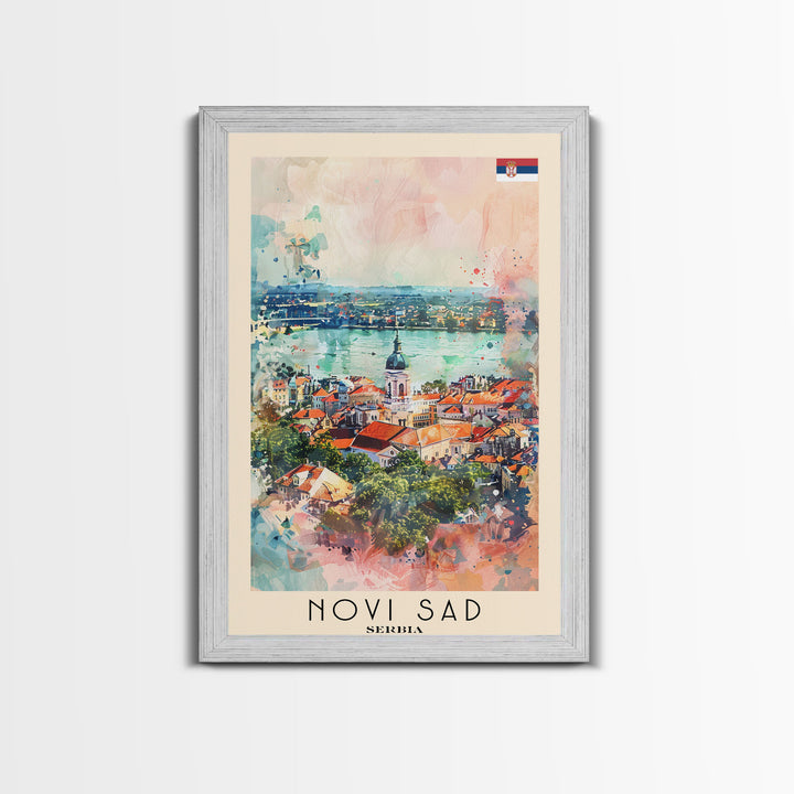 Novi Sad Serbia Travel Poster Framed Canvas Print, Watercolor Painting, Scenic Wall Art, Home Decor, Serbian Cityscape, Historic Art