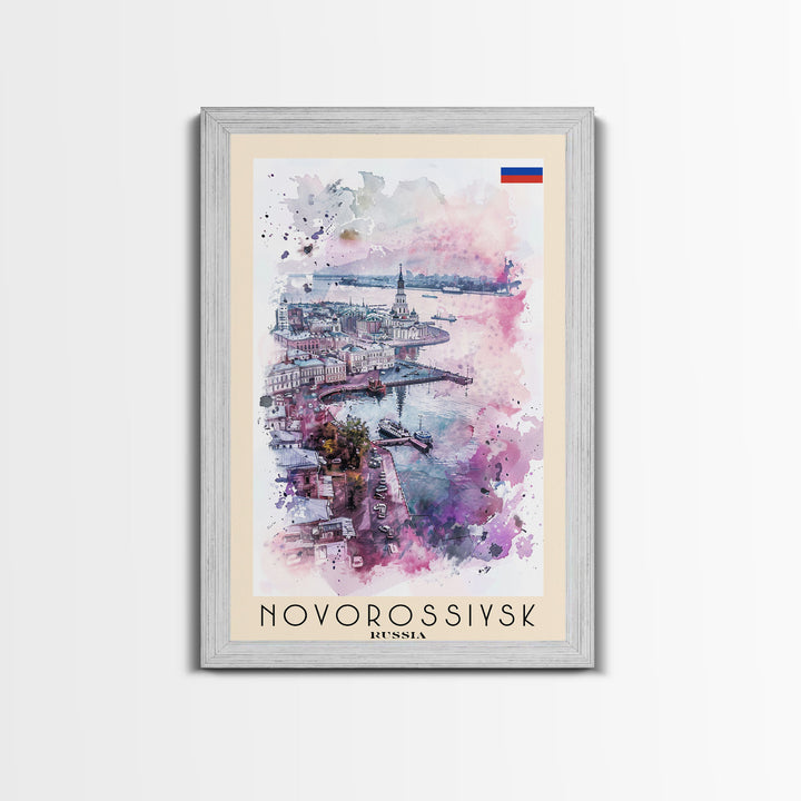 Novorossiysk Russia Travel Poster Framed Canvas Print, Watercolor Painting, Scenic Wall Art, Home Decor, Russian Coastal Scene, Classic Art