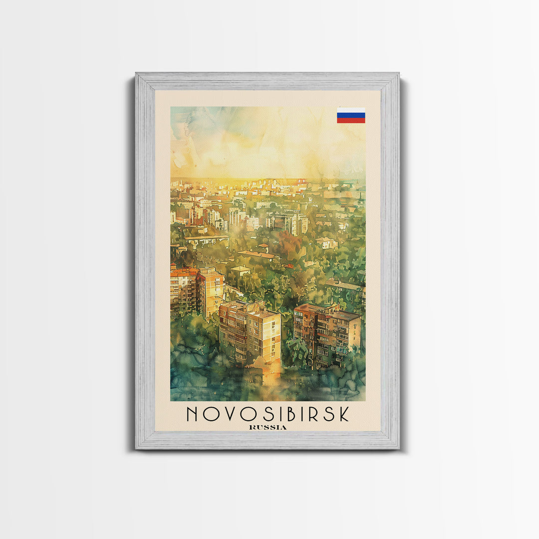 Novosibirsk Russia Travel Poster Framed Canvas Print, Watercolor Painting, Urban Wall Art, Home Decor, Russian Cityscape, Contemporary Art