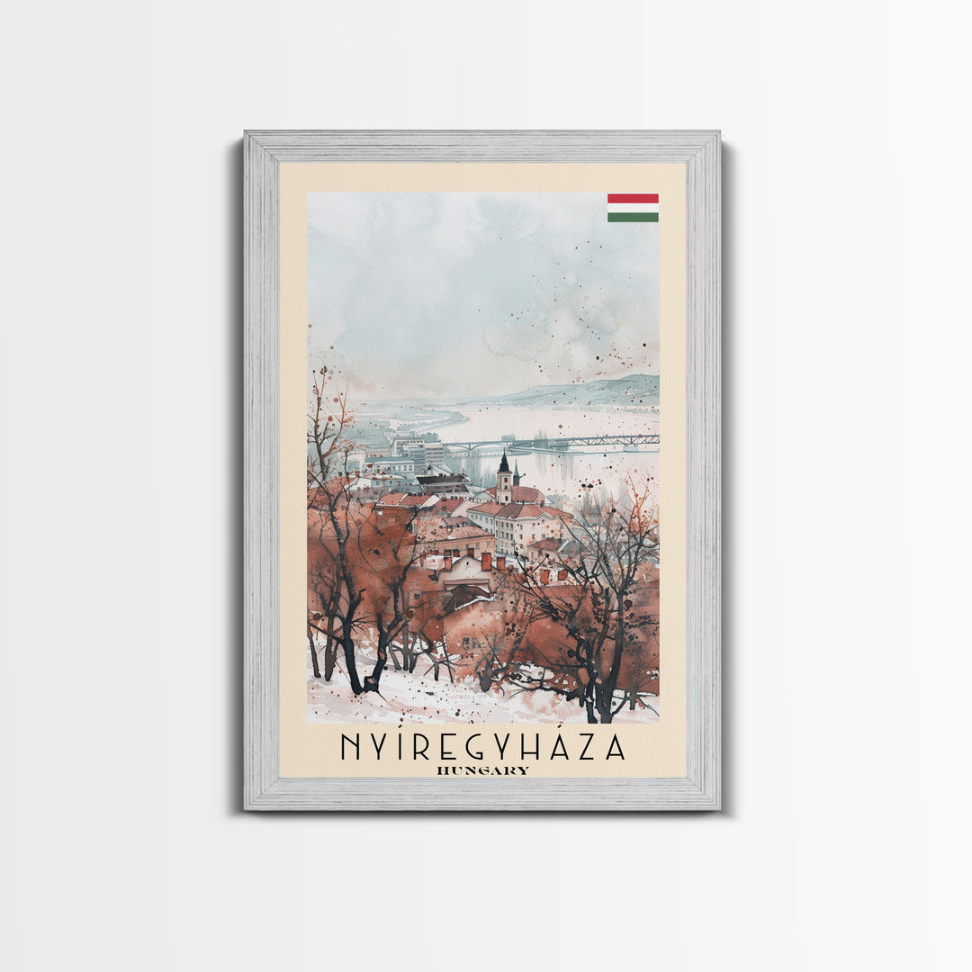 Nyiregyhaza Hungary Travel Poster Framed Canvas Print, Watercolor Painting, Scenic Wall Art, Home Decor, Hungarian Landscape, Rustic Art