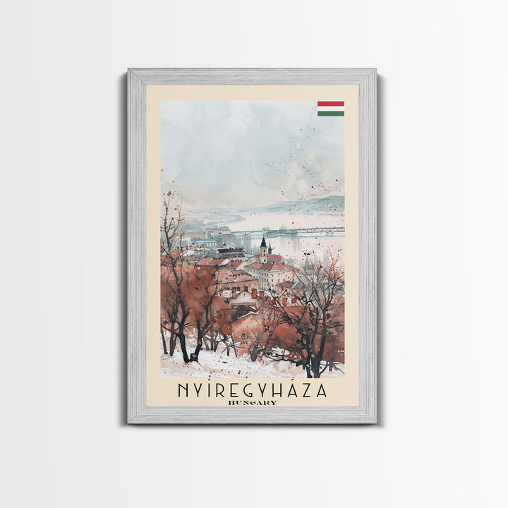 Nyiregyhaza Hungary Travel Poster Framed Canvas Print, Watercolor Painting, Scenic Wall Art, Home Decor, Hungarian Landscape, Rustic Art