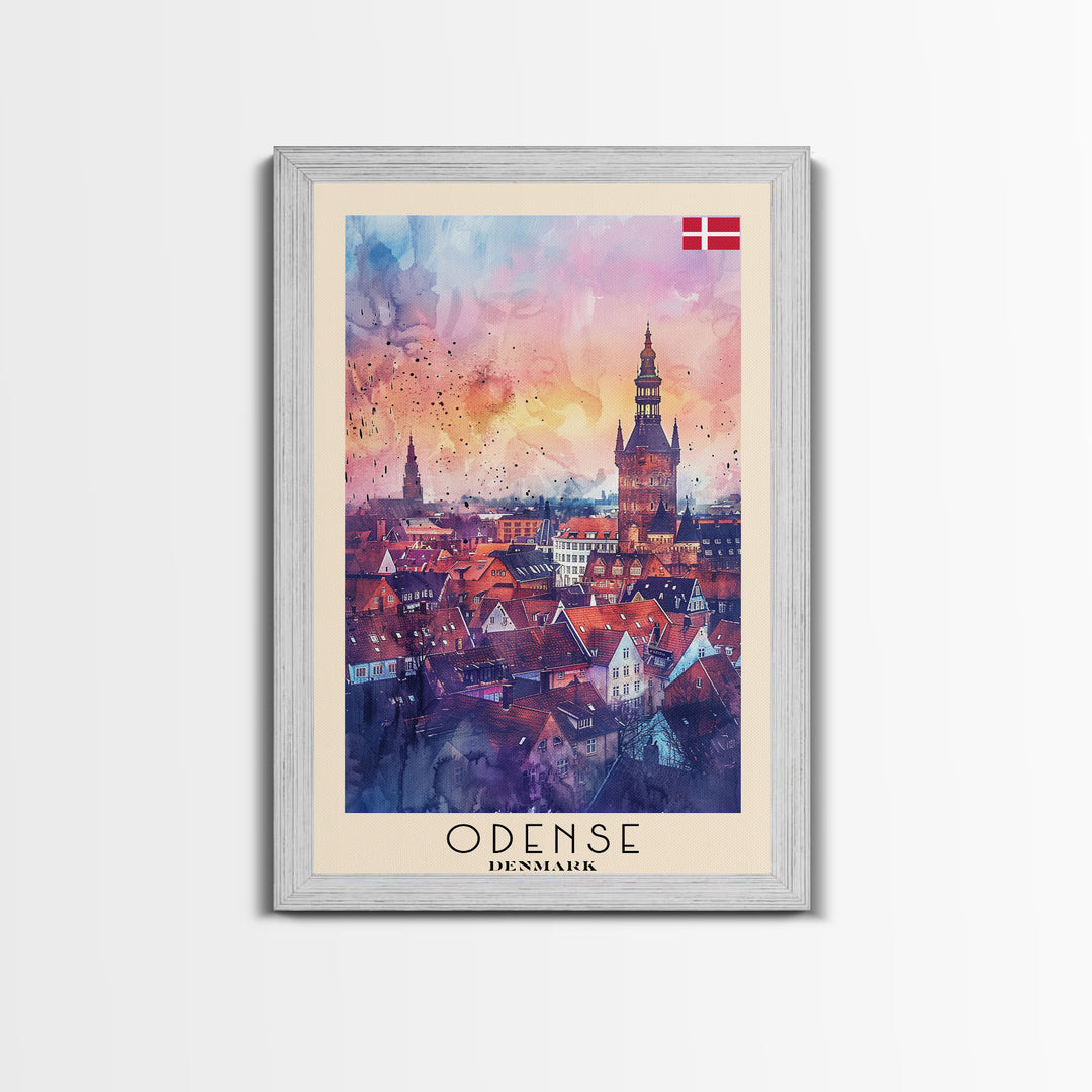 Odense Denmark Travel Poster Framed Canvas Print, Watercolor Painting, Scenic Wall Art, Home Decor, Danish Cityscape, Artistic Decor