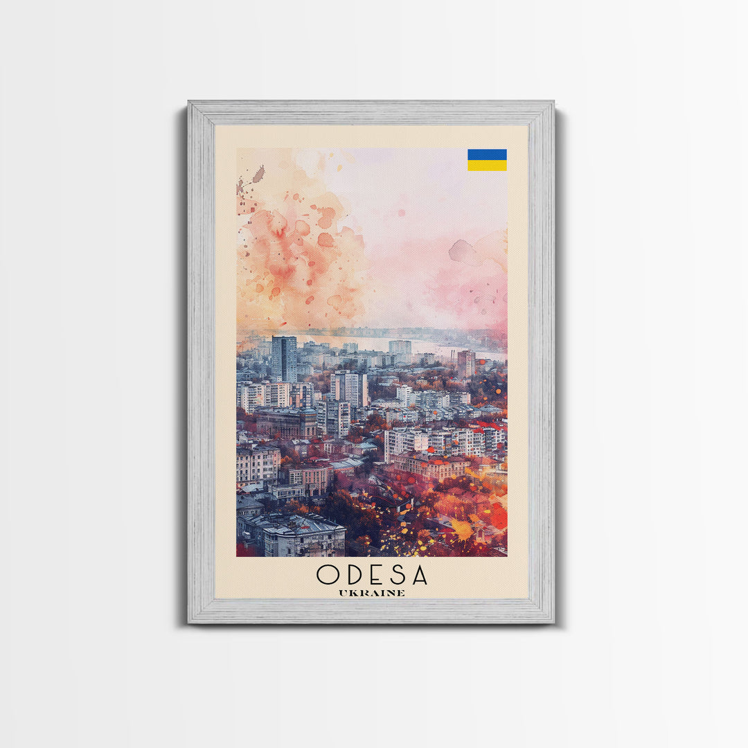 Odesa Ukraine Travel Poster Framed Canvas Print, Watercolor Painting, Scenic Wall Art, Home Decor, Ukrainian Coastal Scene, Vibrant Art