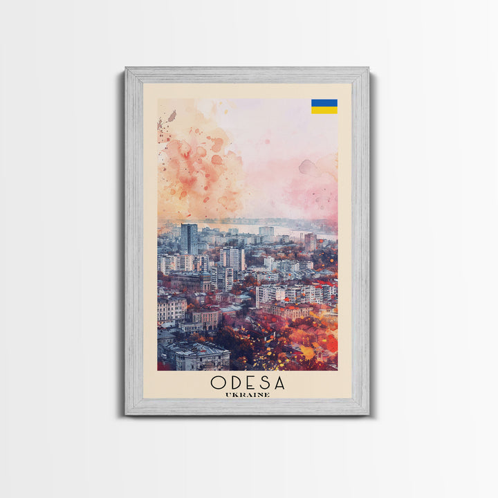 Odesa Ukraine Travel Poster Framed Canvas Print, Watercolor Painting, Scenic Wall Art, Home Decor, Ukrainian Coastal Scene, Vibrant Art
