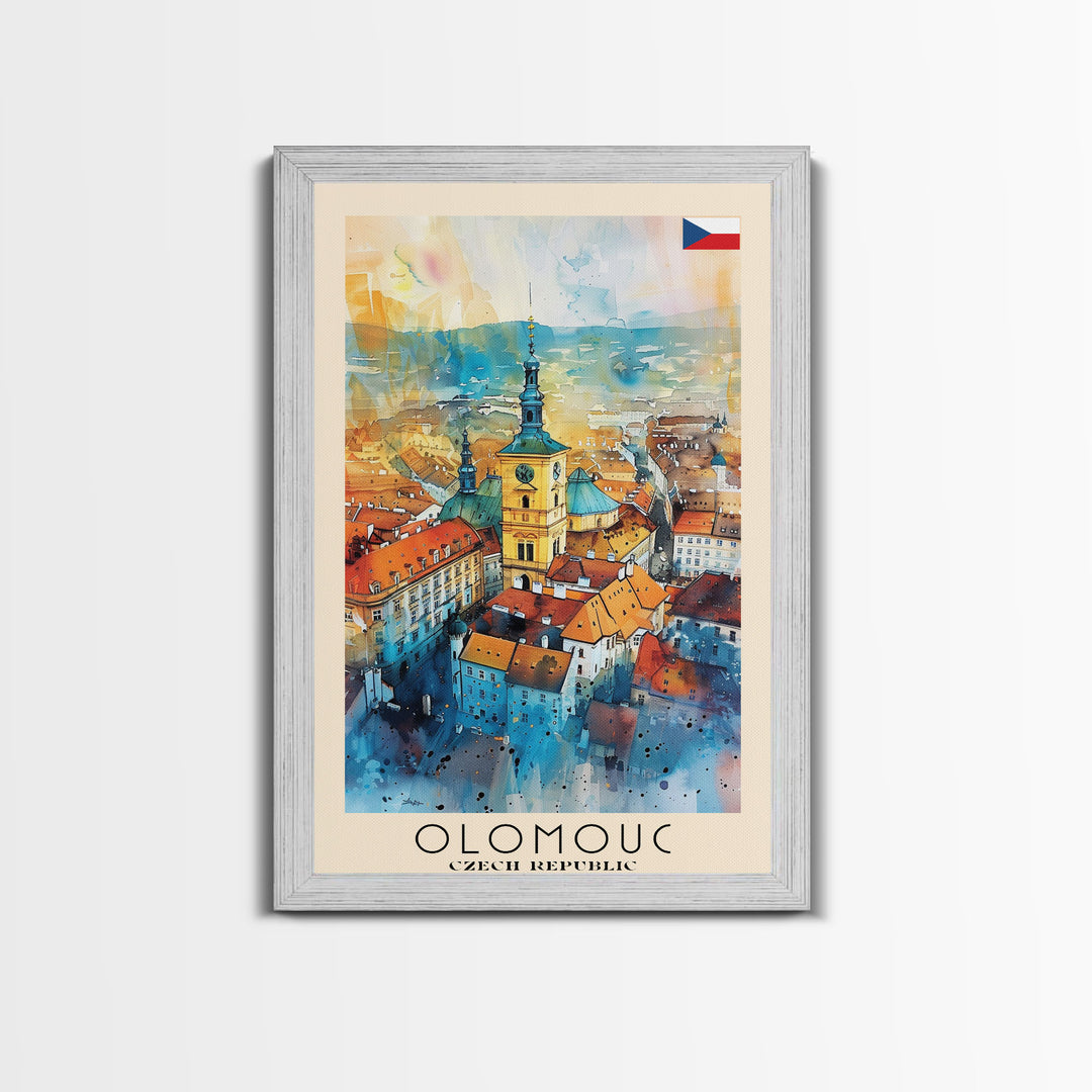 Olomouc Czech Travel Poster Framed Canvas Print, Watercolor Painting, Historic Wall Art, Home Decor, Czech Architecture, Vintage Style
