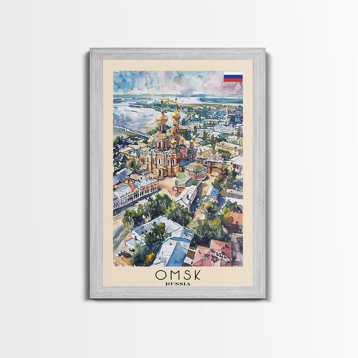 Omsk Russia Travel Poster Framed Canvas Print, Watercolor Painting, Urban Wall Art, Home Decor, Russian Cityscape, Modern Art