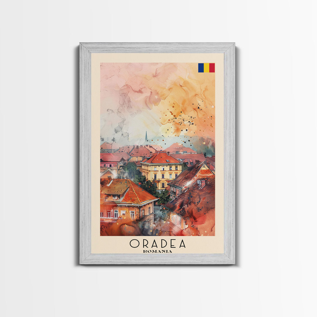 Oradea Romania Travel Poster Framed Canvas Print, Watercolor Painting, Scenic Wall Art, Home Decor, Romanian Architecture, Artistic Decor