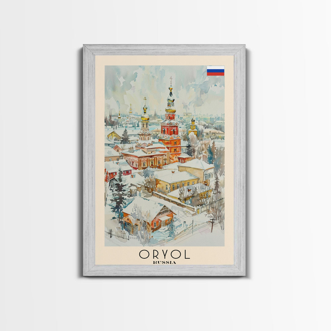 Oryol Russia Travel Poster Framed Canvas Print, Watercolor Painting, Scenic Wall Art, Home Decor, Russian Landscape, Vintage Style