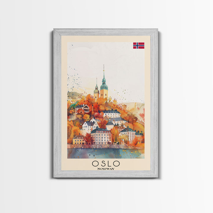 Oslo Norway Travel Poster Framed Canvas Print, Watercolor Painting, Scenic Wall Art, Home Decor, Norwegian Cityscape, Modern Decor