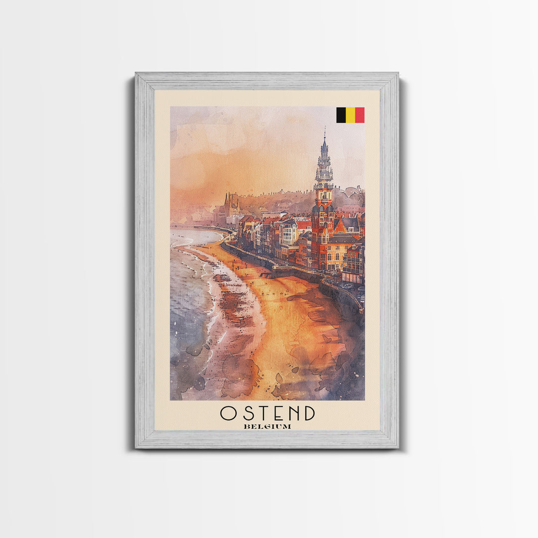 Ostend Belgium Travel Poster Framed Canvas Print, Watercolor Painting, Coastal Wall Art, Home Decor, Belgian Seaside, Vibrant Art