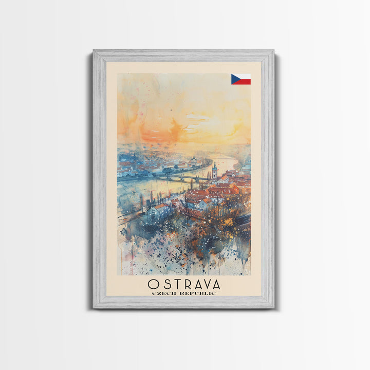 Ostrava Czech Travel Poster Framed Canvas Print, Watercolor Painting, Urban Wall Art, Home Decor, Czech Cityscape, Vintage Style