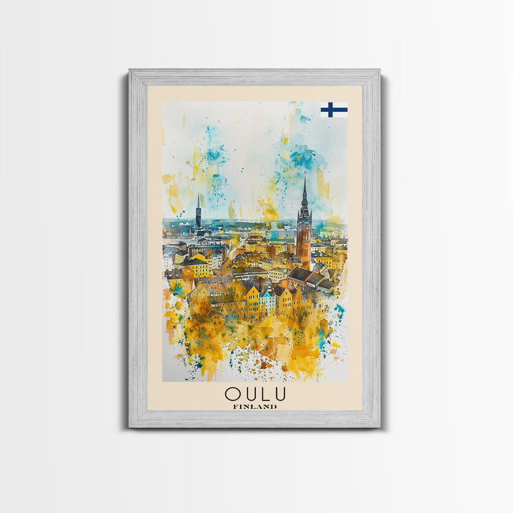 Oulu Finland Travel Poster Framed Canvas Print, Watercolor Painting, Scenic Wall Art, Home Decor, Finnish Landscape, Artistic Decor