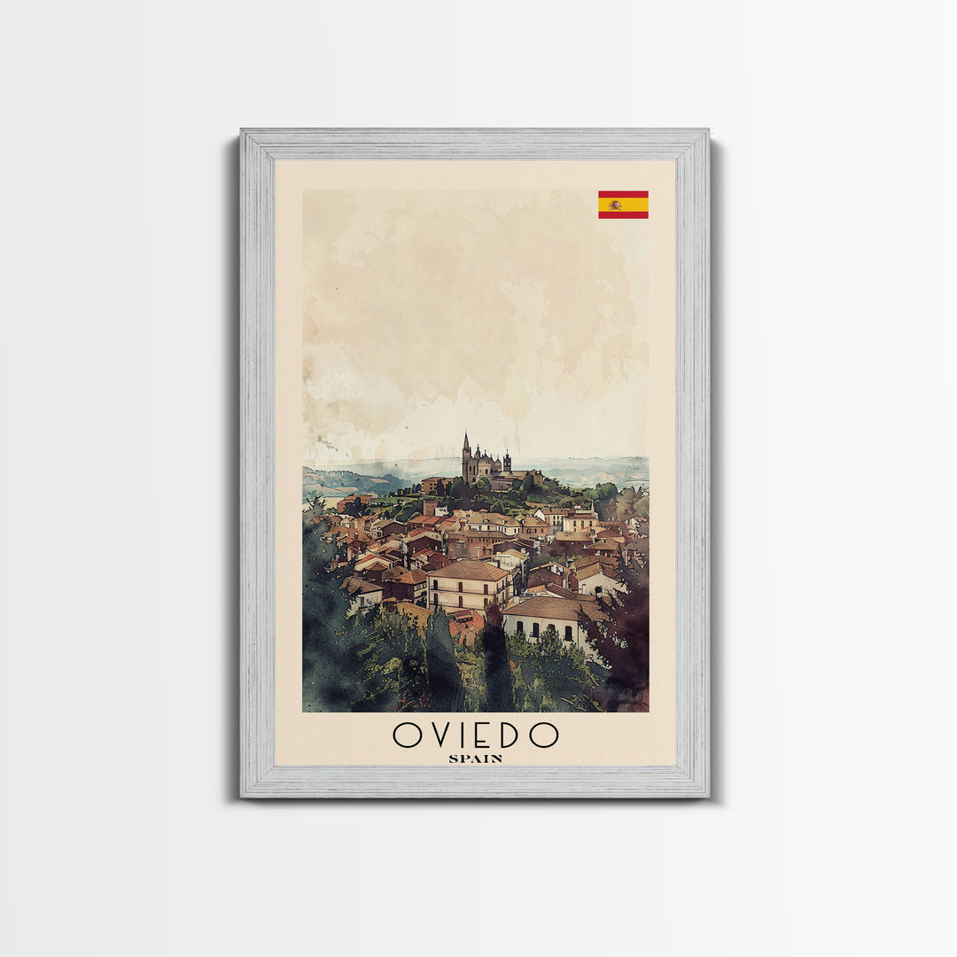 Oviedo Spain Travel Poster Framed Canvas Print, Watercolor Painting, Scenic Wall Art, Home Decor, Spanish Cityscape, Classic Art
