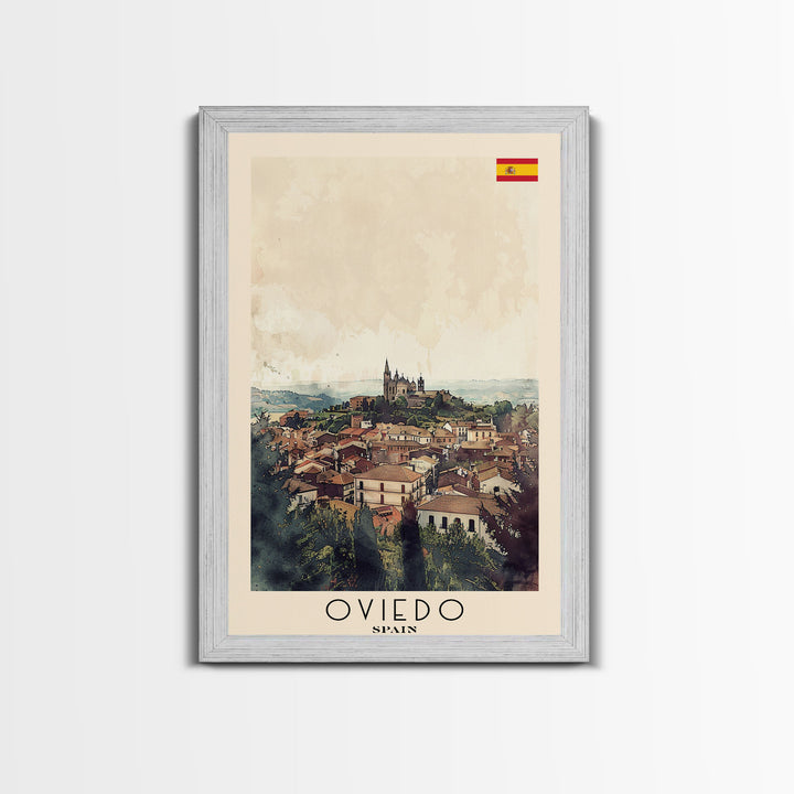 Oviedo Spain Travel Poster Framed Canvas Print, Watercolor Painting, Scenic Wall Art, Home Decor, Spanish Cityscape, Classic Art