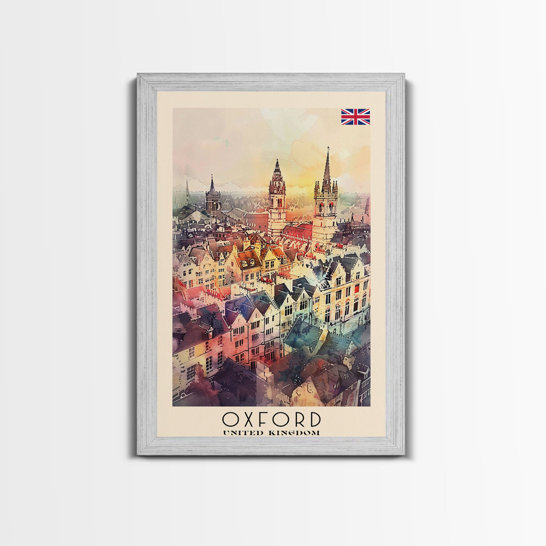 Oxford United Kingdom Travel Poster Framed Canvas Print, Watercolor Painting, Historic Wall Art, Home Decor, British Architecture, Artistic Decor