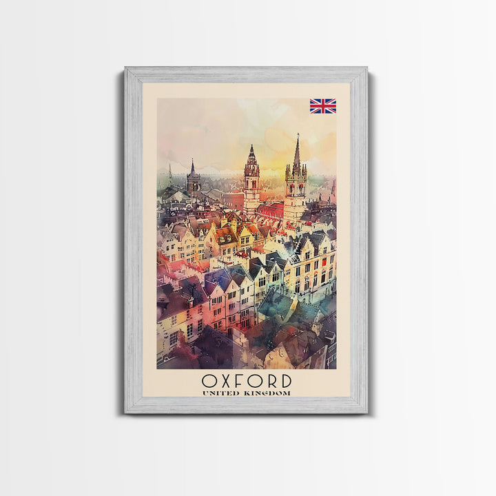Oxford United Kingdom Travel Poster Framed Canvas Print, Watercolor Painting, Historic Wall Art, Home Decor, British Architecture, Artistic Decor