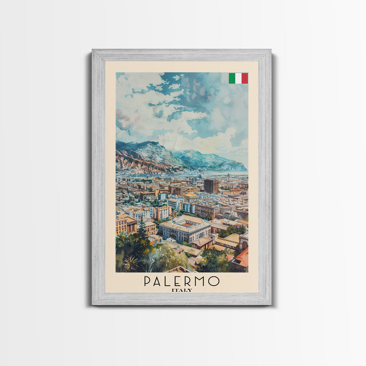 Palermo Italy Travel Poster Framed Canvas Print, Watercolor Painting, Coastal Wall Art, Home Decor, Italian Seaside, Vibrant Art