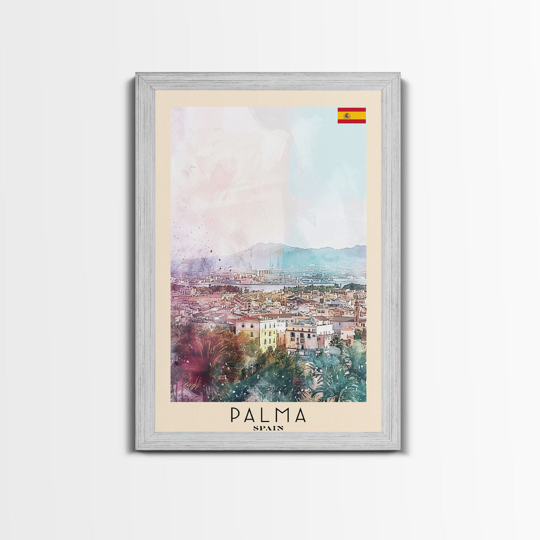 Palma Spain Travel Poster Framed Canvas Print, Watercolor Painting, Scenic Wall Art, Home Decor, Spanish Landscape, Minimalist Art
