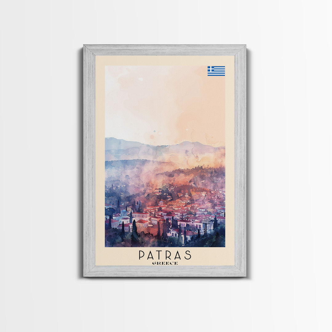 Patras Greece Travel Poster Framed Canvas Print, Watercolor Painting, Scenic Wall Art, Home Decor, Greek Seaside, Vibrant Art