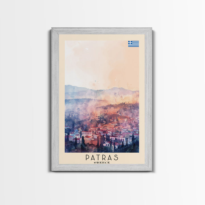 Patras Greece Travel Poster Framed Canvas Print, Watercolor Painting, Scenic Wall Art, Home Decor, Greek Seaside, Vibrant Art
