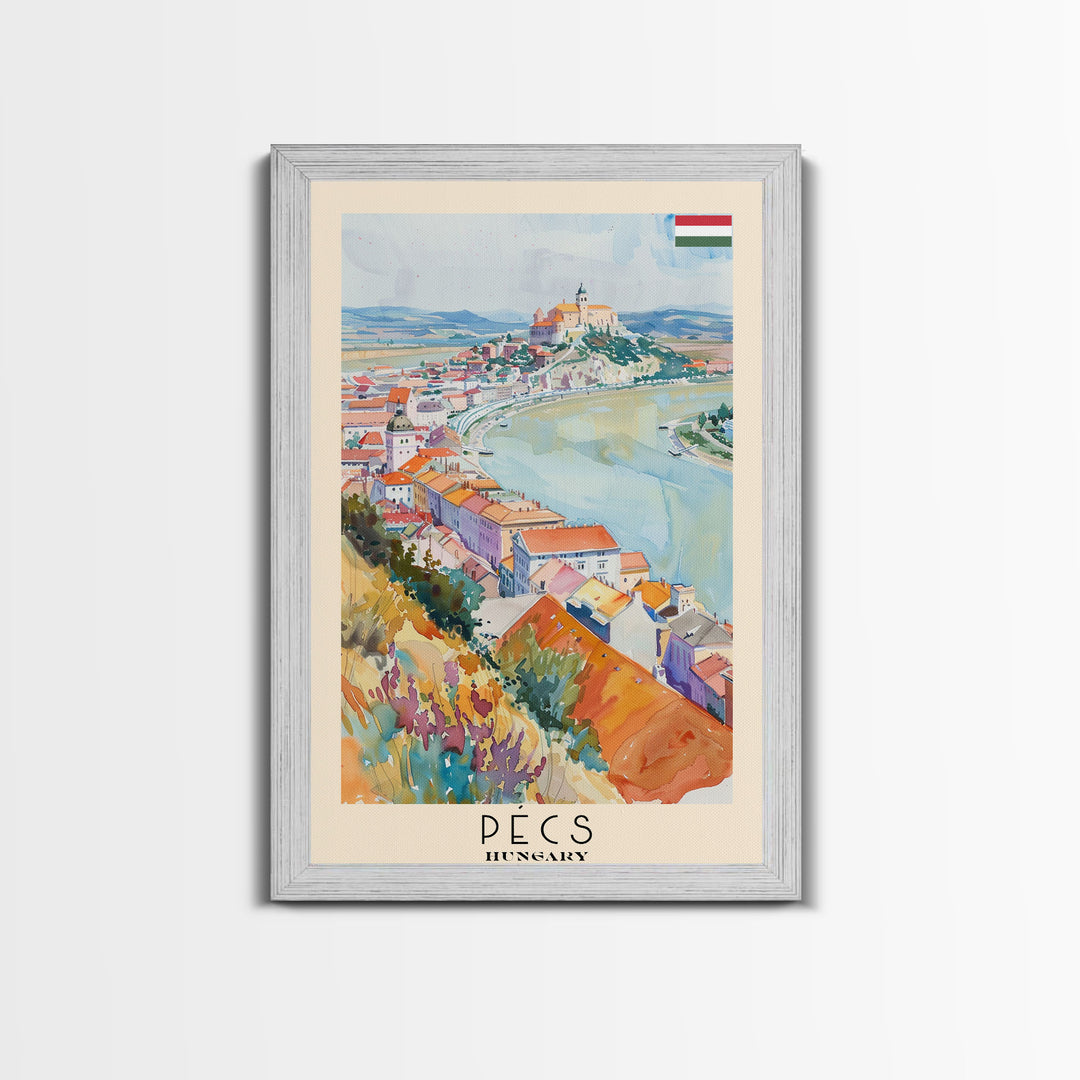 Pecs Hungary Travel Poster Framed Canvas Print, Watercolor Painting, Scenic Wall Art, Home Decor, Hungarian Cityscape, Minimalist Art