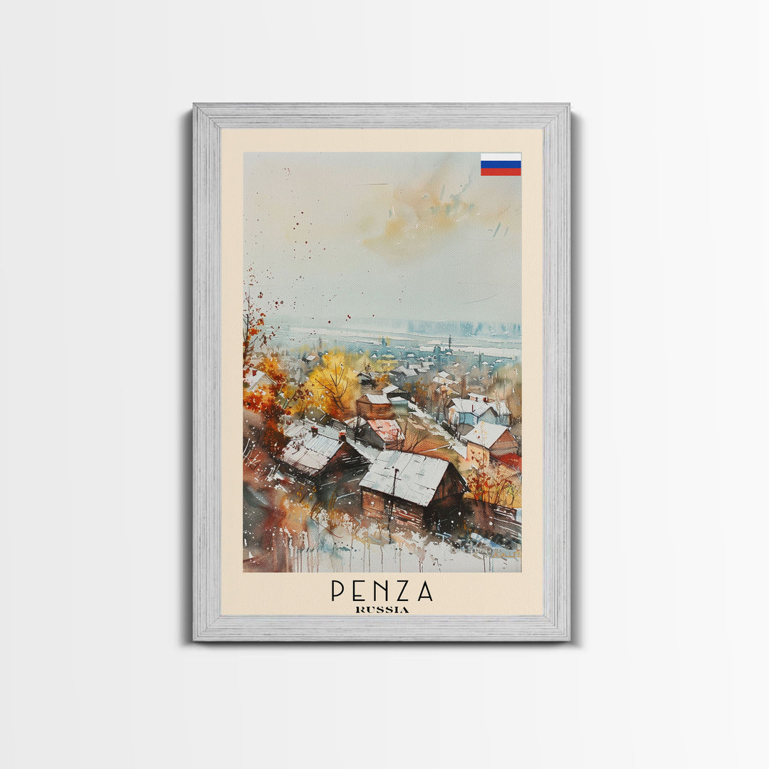 Penza Russia Travel Poster Framed Canvas Print, Watercolor Painting, Urban Wall Art, Home Decor, Russian Cityscape, Contemporary Art
