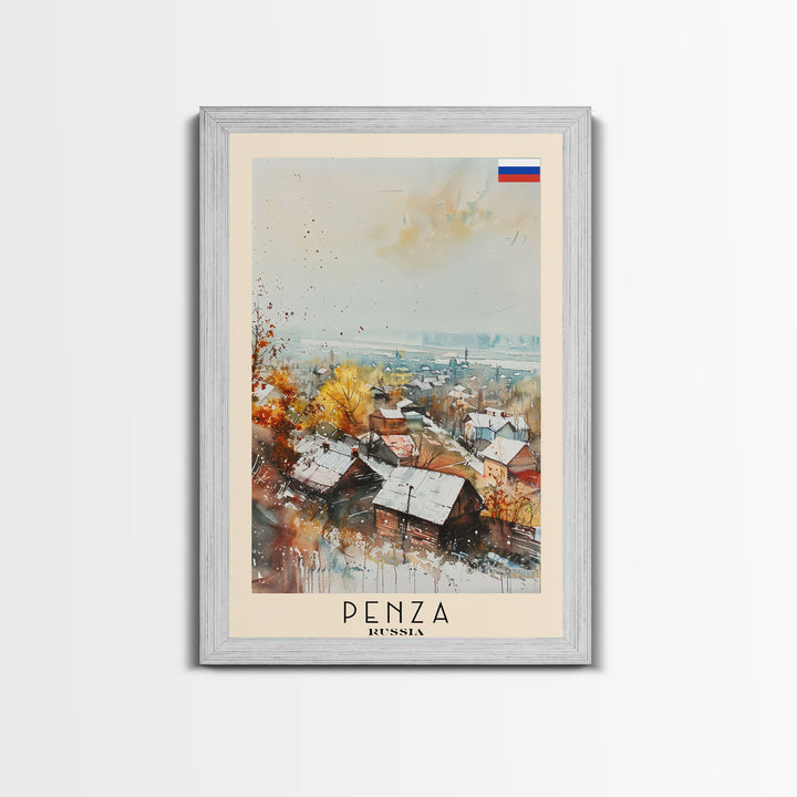 Penza Russia Travel Poster Framed Canvas Print, Watercolor Painting, Urban Wall Art, Home Decor, Russian Cityscape, Contemporary Art