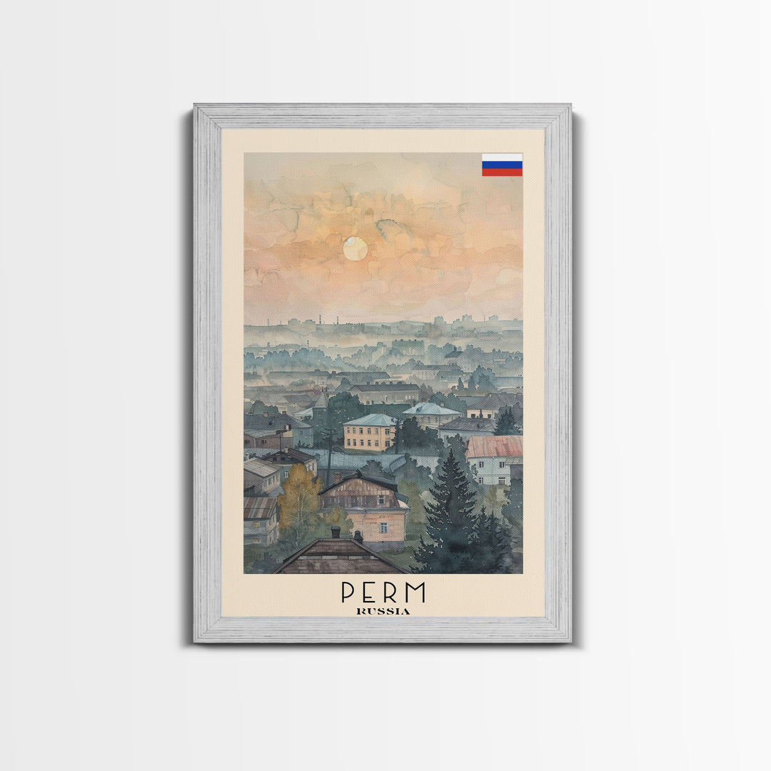 Perm Russia Travel Poster Framed Canvas Print, Watercolor Painting, Scenic Wall Art, Home Decor, Russian Landscape, Urban Art