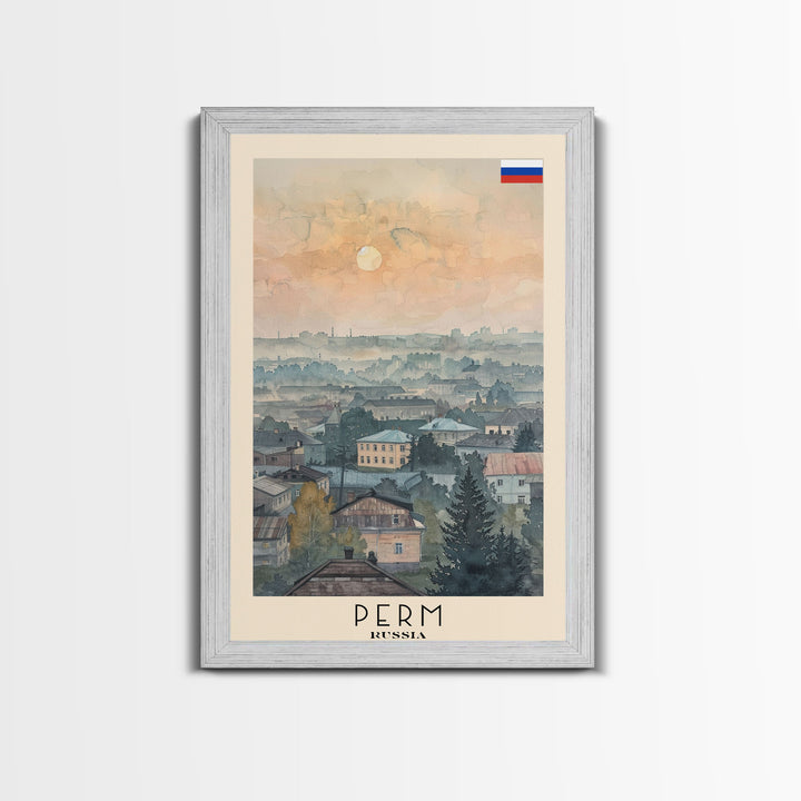Perm Russia Travel Poster Framed Canvas Print, Watercolor Painting, Scenic Wall Art, Home Decor, Russian Landscape, Urban Art