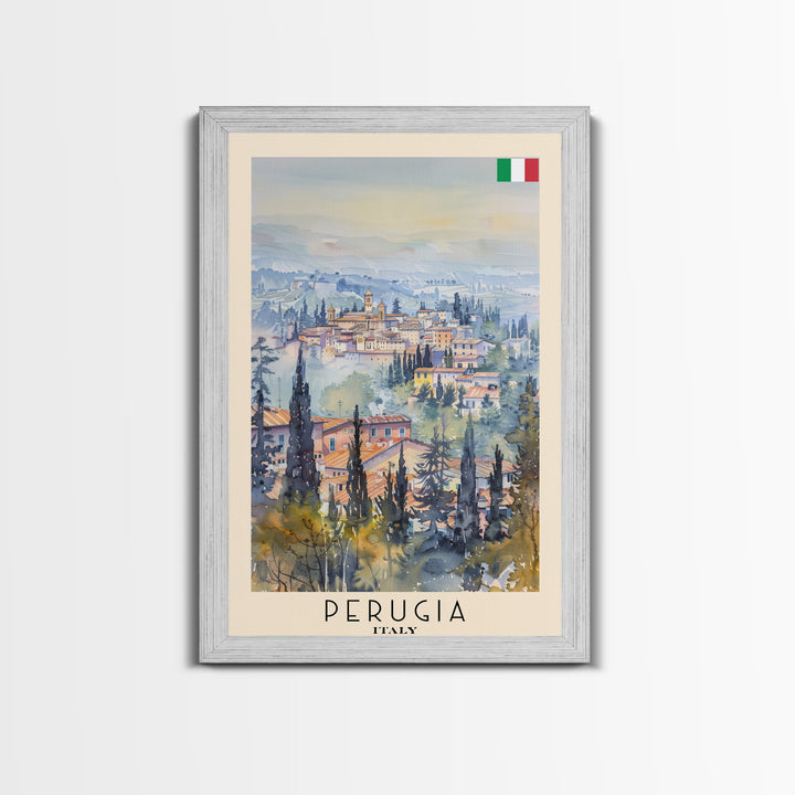Perugia Italy Travel Poster Framed Canvas Print, Watercolor Painting, Scenic Wall Art, Home Decor, Italian Cityscape, Classic Art