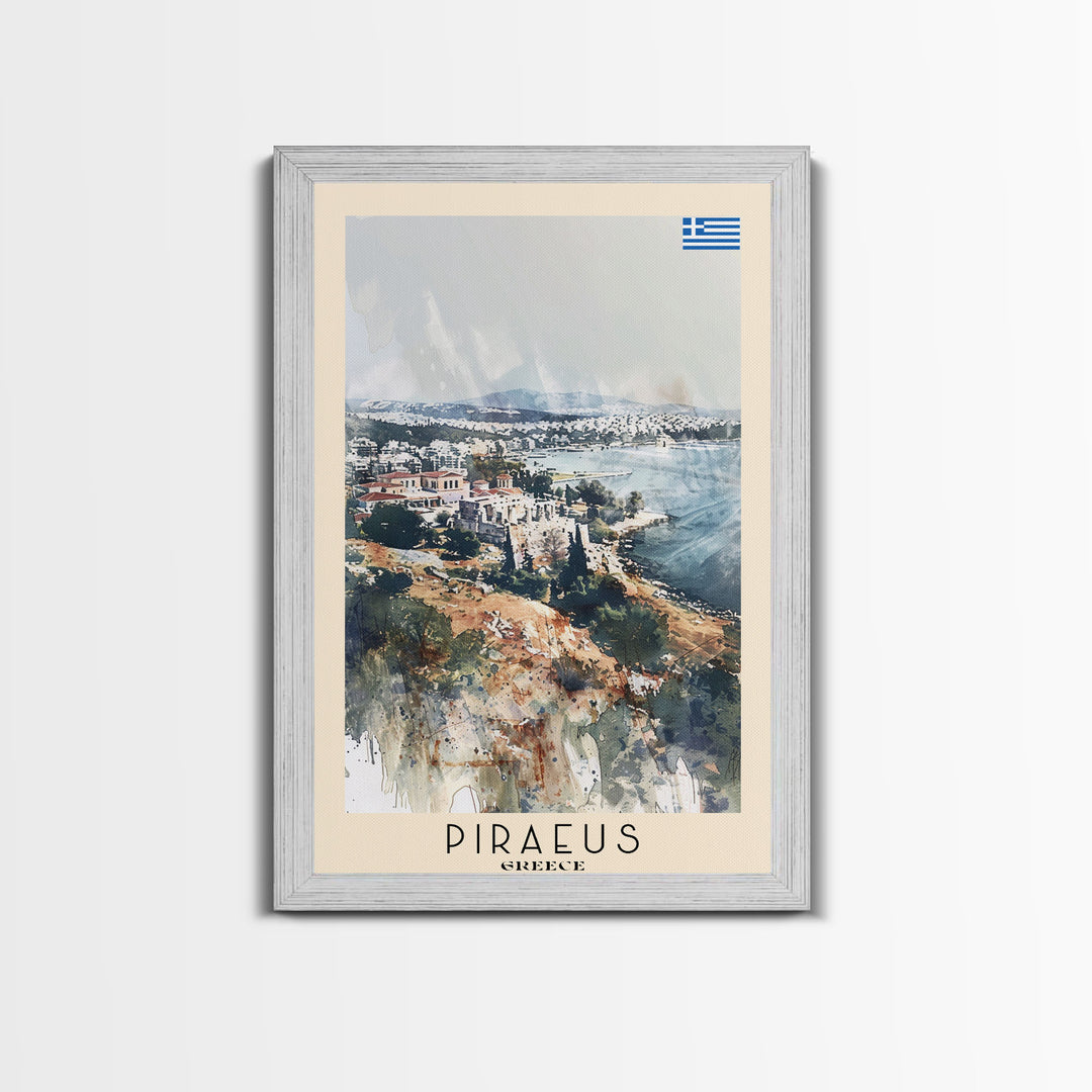 Piraeus Greece Travel Poster Framed Canvas Print, Watercolor Painting, Coastal Wall Art, Home Decor, Greek Seaside, Vibrant Art