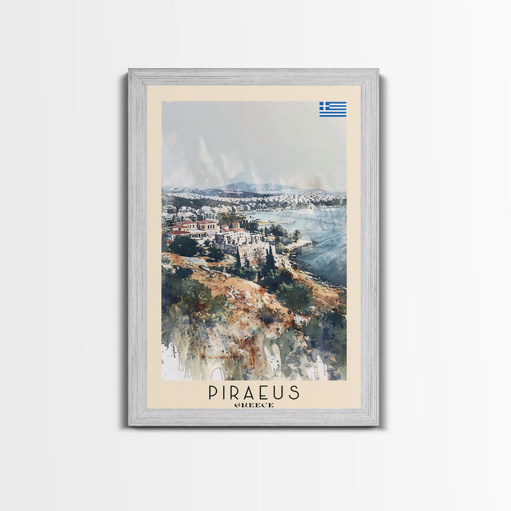 Piraeus Greece Travel Poster Framed Canvas Print, Watercolor Painting, Coastal Wall Art, Home Decor, Greek Seaside, Vibrant Art