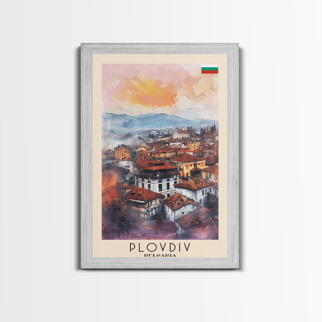 Plovdiv Bulgaria Travel Poster Framed Canvas Print, Watercolor Painting, Historic Wall Art, Home Decor, Bulgarian Cityscape, Classic Art