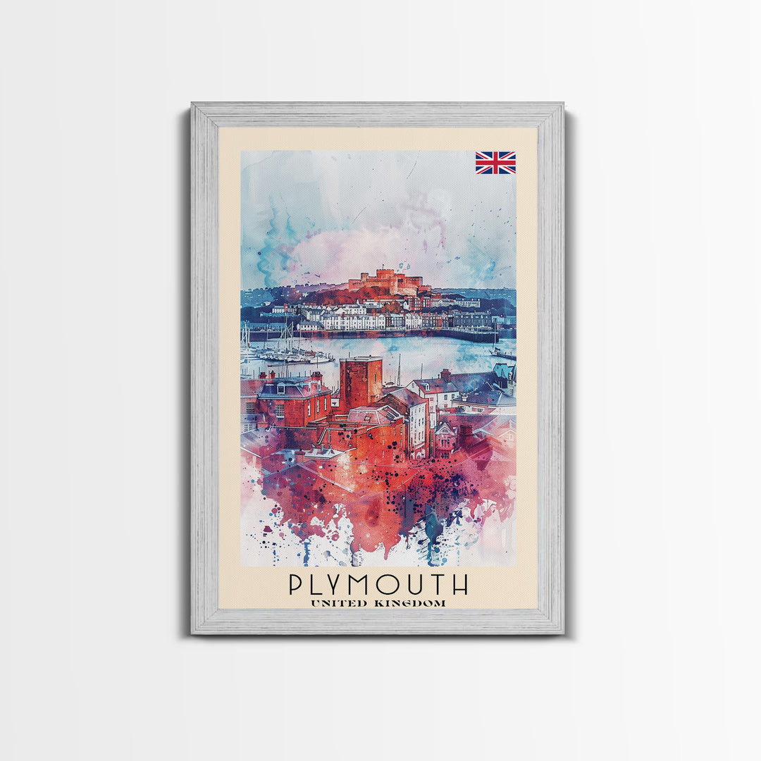 Plymouth United Kingdom Travel Poster Framed Canvas Print, Watercolor Painting, Coastal Wall Art, Home Decor, British Seaside, Modern Decor