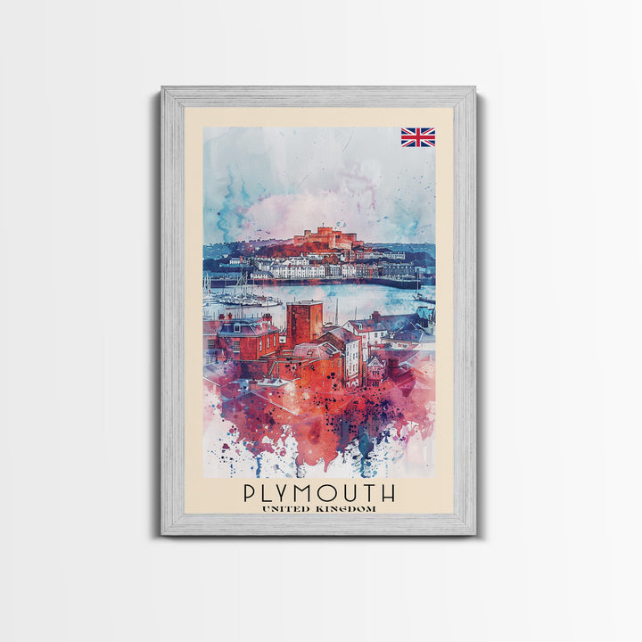 Plymouth United Kingdom Travel Poster Framed Canvas Print, Watercolor Painting, Coastal Wall Art, Home Decor, British Seaside, Modern Decor