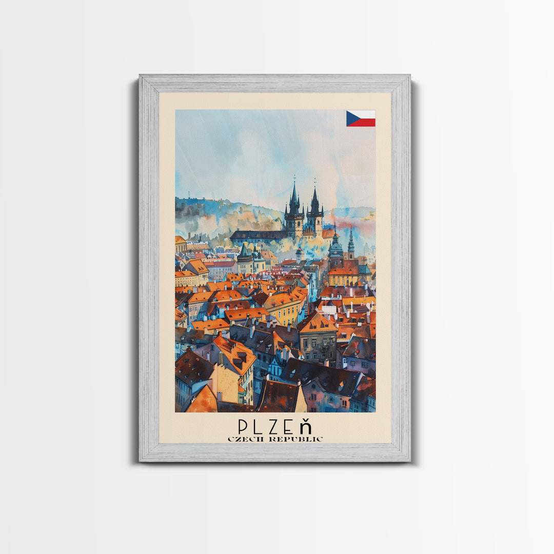 Plzen Czech Republic Travel Poster Framed Canvas Print, Watercolor Painting, Scenic Wall Art, Home Decor, Czech Cityscape, Modern Decor