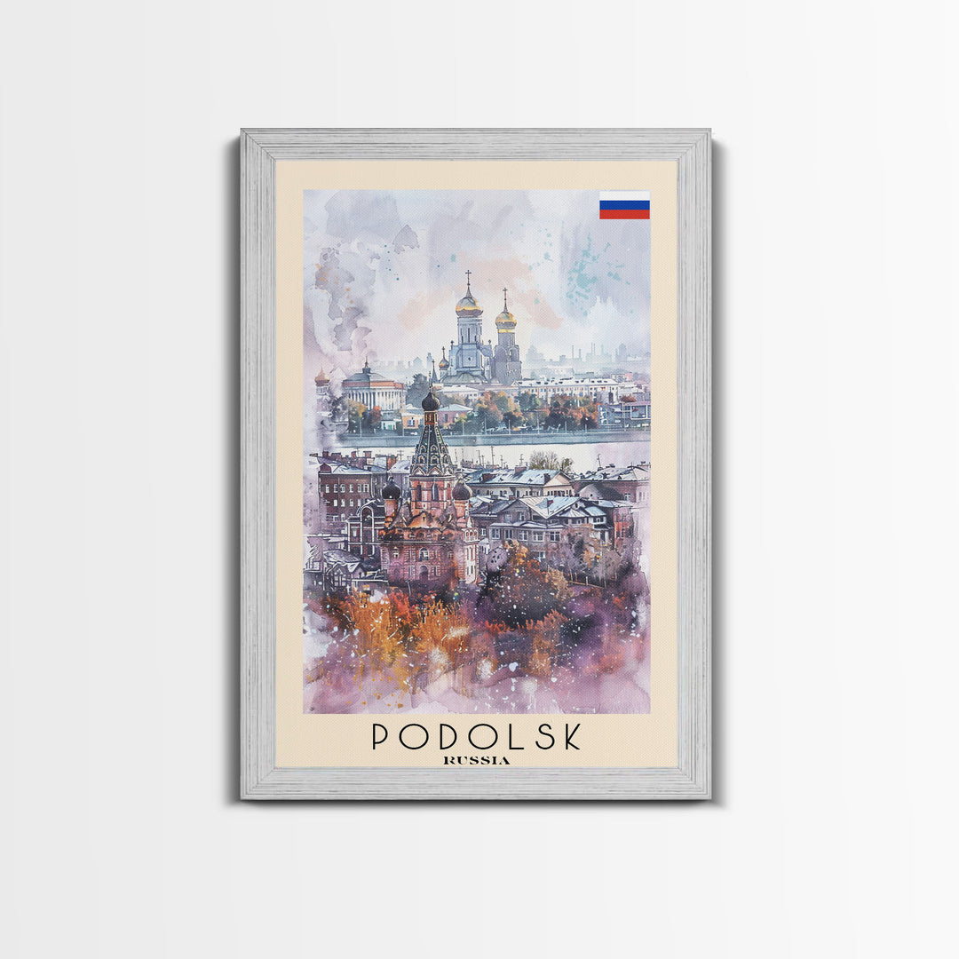 Podolsk Russia Travel Poster Framed Canvas Print, Watercolor Painting, Urban Wall Art, Home Decor, Russian Cityscape, Contemporary Art