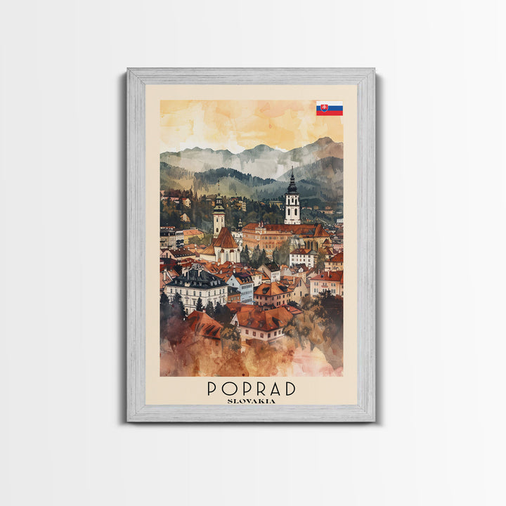 Poprad Slovakia Travel Poster Framed Canvas Print, Watercolor Painting, Scenic Wall Art, Home Decor, Slovakian Landscape, Classic Art