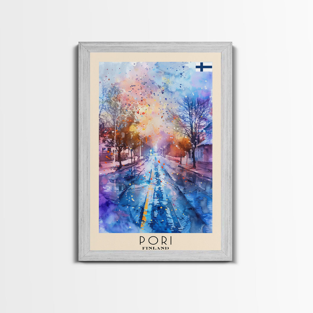 Pori Finland Travel Poster Framed Canvas Print, Watercolor Painting, Scenic Wall Art, Home Decor, Finnish Seaside, Minimalist Art