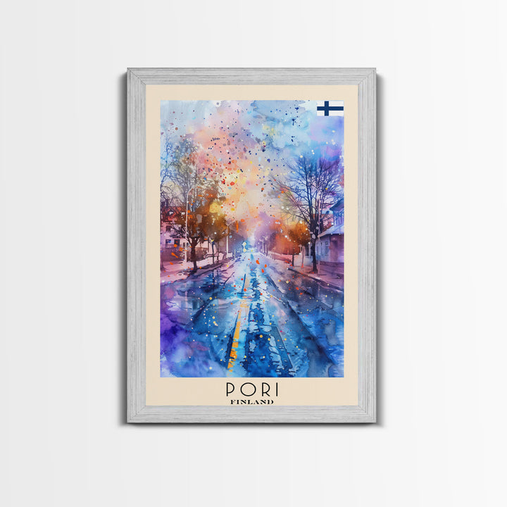 Pori Finland Travel Poster Framed Canvas Print, Watercolor Painting, Scenic Wall Art, Home Decor, Finnish Seaside, Minimalist Art