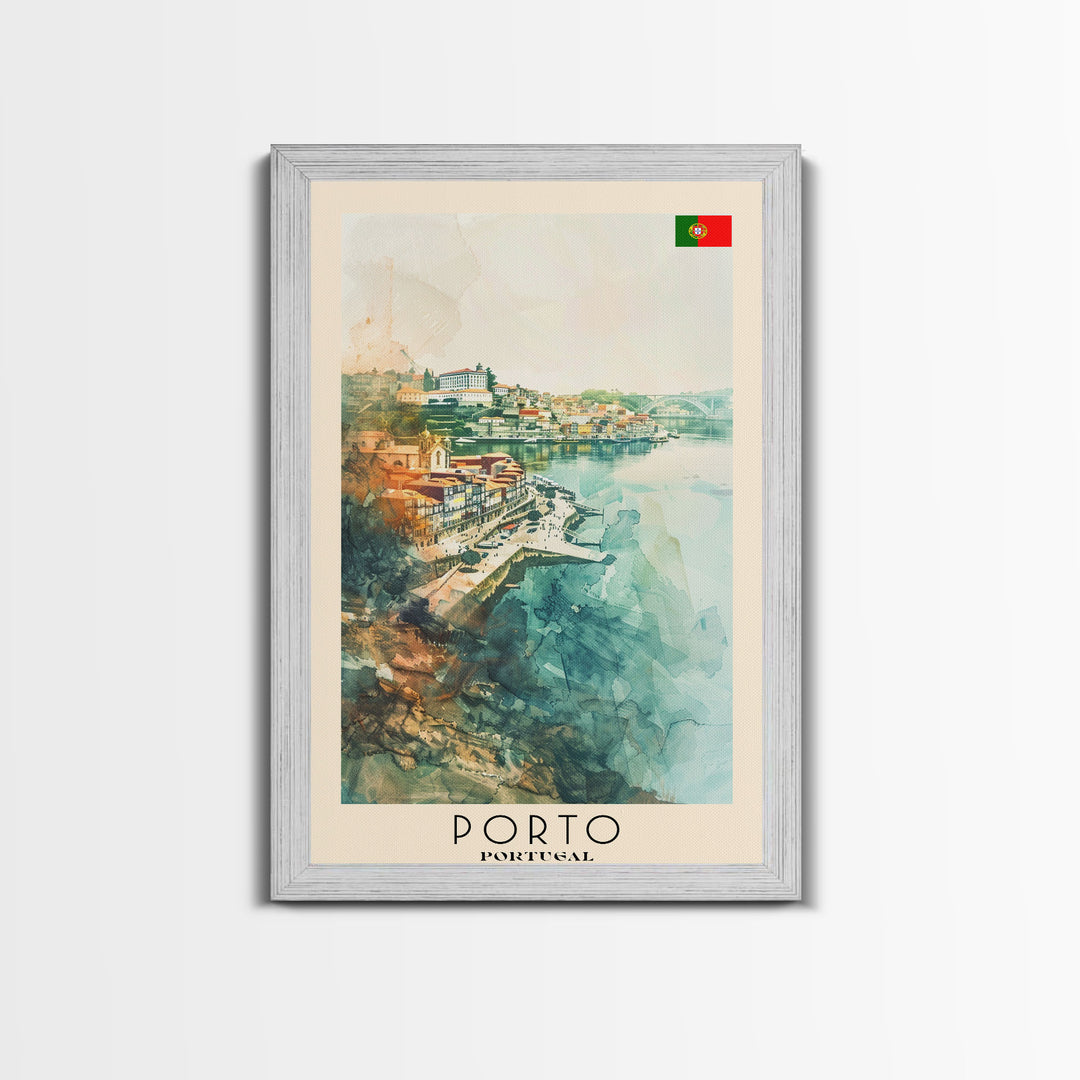 Porto Portugal Travel Poster Framed Canvas Print, Watercolor Painting, Coastal Wall Art, Home Decor, Portuguese Seaside, Vibrant Art